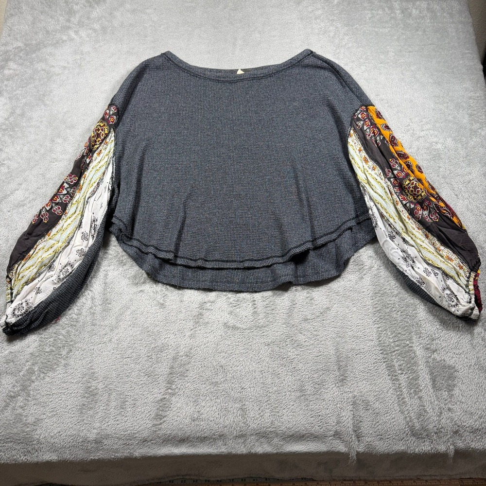Free People We The Free Blossom Thermal Top Women Small Gray Waffle Knit Paisley